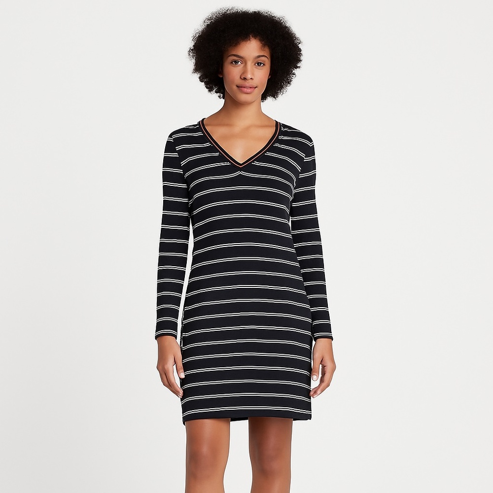 Be by Chetta B Black White Striped Ribbed Knit V-Neck Sweater Dress Size 14
